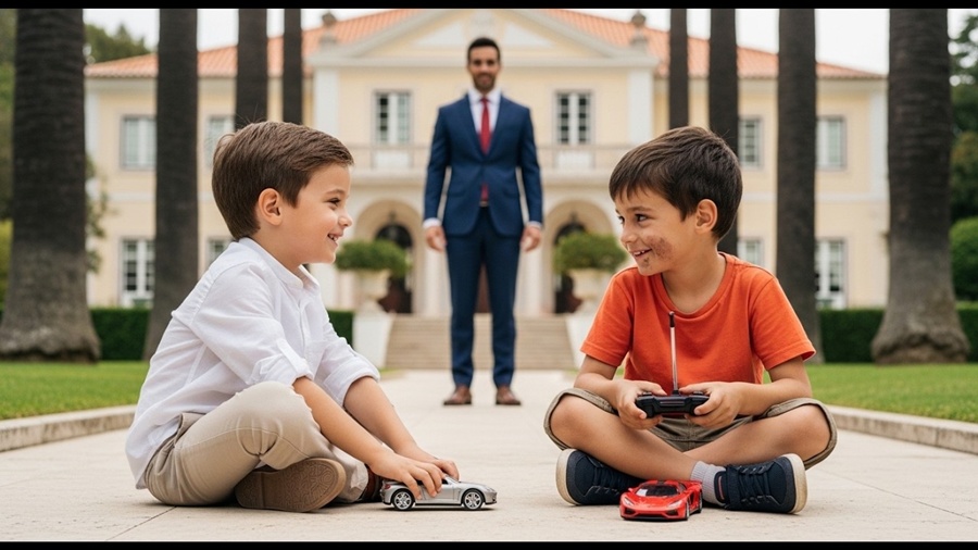 MILIONÁRIO FLAGRA O FILHO SOLITÁRIO COM UM ÚNICO AMIGO — A DECISÃO QUE ELE TOMA CHOCA A TODOSMILIONÁRIO FLAGRA O FILHO SOLITÁRIO COM UM ÚNICO AMIGO — A DECISÃO QUE ELE TOMA CHOCA A TODOS – YouTube  Transcripts: Milionário vê o seu filho a brincar com um amigo na calçada da mansão, e aquele simples cena o faz reação. O Roberto acabava de chegar de uma reunião decisiva. Atravessou o quintal com o seu impecável fato azul e sapatos italianos a reluzir. O Tiago empurrava um dos carrinhos, sorrindo enquanto o Mateus controlava o Ferrari de controlo remoto que deslizava pelo chão de pedra.  Era apenas uma brincadeira de crianças, algo comum. Mas para Roberto aquilo parecia muito maior. Ele parou por alguns segundos. O coração apertou. Um turbilhão de recordações atravessou a sua mente. Naquele instante, ainda parado ali, tomou uma decisão que mudaria para sempre a vida de todos eles. O som dos carrinhos ecoava suavemente pelo pátio silencioso da mansão.  Roberto desceu um degrau, depois outro, sem fazer ruído. O Tiago batia palmas cada vez que o carrinho vermelho fazia uma curva perfeita. E Mateus sorria orgulhoso da própria habilidade. Era uma cena simples, dois meninos a brincar com brinquedos, mas para o Roberto representava algo muito maior. Ele tinha tentado de tudo para que o filho fizesse amigos, festas caras, brinquedos importados, até contratou animadores profissionais. Nada funcionou. Thago ficava sempre no canto, observando as outras crianças de longe, nunca participando verdadeiramente. E agora ali estava ele completamente à vontade, com um menino que apareceu do nada, partilhando a alegria mais pura que O Roberto já tinha presenciado. Thago permaneceu entre o pai e o amigo numa postura defensiva que Roberto nunca tinha visto antes, e aquilo fez perceber o quanto tinha falhado como pai ao criar um ambiente onde o próprio filho sentia necessidade de proteger os outros dele. silêncio pesou por alguns segundos que pareceram eternos, quebrado apenas pelo som longínquo dos pássaros e pela respiração acelerada das duas crianças que esperavam a sua reação. O Roberto sabia que as próximas palavras que saíssem da a sua boca definiriam se o filho voltaria a ser aquela criança solitária de antes ou se finalmente poderia experimentar o que era ter um amigo de verdade.  Oi, pessoal. – disse Roberto, mantendo a voz baixa e calma, obrigando-se a suar o mais natural possível. “Desculpem interromper a vossa brincadeira.” Tiago piscou o olho, surpreendido com o tom gentil do pai, e relaxou ligeiramente os ombros tensos. O menino olhou rapidamente para o Mateus, como se pedisse desculpas antecipadas por qualquer coisa que pudesse acontecer.  Pai, estávamos só brincando com os carrinhos”, disse Thago, a voz saindo um pouco trémula, como se precisasse de se justificar por estar a divertir-se. Aquelas palavras cortaram o Roberto por dentro, pois revelavam que o seu filho não esperava compreensão quando se divertia, apenas repreensão ou pressa de fazer algo mais produtivo.  Eu estou a ver”, respondeu Roberto, dando mais um passo cauteloso em direção aos dois. “E vocês estão a divertir-se muito, pelo que parece.” Apontou para o carrinho vermelho, parado a poucos metros de distância. “Este faz curvas muito bem. Quem estava a controlar?” Mateus levantou timidamente o comando, mas não disse nada.  apenas olhou para Thago em procura de aprovação. O menino rico assentiu encorajadoramente para o amigo. É o Mateus, pai. Ele é muito bom nisso. Consegue fazer o carrinho passar bem perto da fonte sem bater”, explicou Thago. A voz cheia de admiração genuína que fez Roberto perceber que o seu filho não estava impressionado com o valor do brinquedo, mas sim com a capacidade do amigo.  Roberto baixou-se devagar, ignorando completamente o facto de que a sua calça de alfaiataria italiana estava encostando-se à poeira do pátio, pois precisava de estar à altura dos olhos deles para estabelecer uma ligação real. “Como te chamas?”, perguntou, olhando diretamente para Mateus, com um sorriso genuíno. O menino de roupas simples demorou a responder, os seus olhos castanhos varrendo rapidamente o rosto de Roberto em busca de qualquer sinal de impaciência ou falsidade.  “Mateus, senhor”, respondeu finalmente, a voz saindo num fio quase inaudível. Roberto assentiu respeitosamente. “Muito prazer, Mateus. Eu sou o Roberto, pai do Thaago, e posso dizer que tem uma mão muito boa para controlar esse carrinho. O elogio fez com que Mateus relaxasse alguns milímetros e, pela primeira vez, olhou diretamente para Roberto.  “Obrigado, senhor, é que meu irmão me ensinou. Ele trabalha numa oficina e, por vezes, repara brinquedos partidos”, explicou o menino. Uma pontinha de orgulho a aparecer na voz quando falou do irmão. Roberto absorveu cada palavra, notando a humildade na forma como Mateus falava, e a gratidão por ter algo que muitas crianças considerariam comum.  O Tiago observava a conversa com os olhos arregalados, como se estivesse a presenciar um milagre. O pai realmente a falar com o seu amigo sem pressas ou impaciência. “O seu irmão parece ser uma pessoa muito especial”, comentou Roberto e viu o rosto de Mateus se iluminar completamente. “É o melhor do mundo, senhor. Sempre cuida de mim e da minha mãe”, respondeu o menino com tanto amor na voz que Roberto sentiu um nó na garganta.  Havia uma pureza naquela afirmação que o fez comparar involuntariamente com a sua própria relação com Thago. Ele sempre tinha dado ao filho tudo o que o dinheiro podia comprar, mas nunca tinha parado pensar se estava realmente a cuidar dele da forma que importava. “E tu, Thaago?”, disse Roberto, voltando-se para o filho.  “Como é que vocês se conheceram?” O menino hesitou, mordendo o lábio inferior nervosamente. É que quando a mãe do Mateus vem trabalhar aqui, às vezes ela traz-no e ele fica à espera lá no fundo, perto da área de serviço. Começou Thaago a falar lentamente, como se testasse a reação do pai. Eu vi-o um dia e achei que ele parecia agradável.  Depois chamei-o para ver os carrinhos. O Roberto sentiu uma apontada no peito ao imaginar o filho, sempre tão solitário, finalmente encontrar alguém interessante e ter que esconder essa descoberta. “Há quanto tempo são amigos?”, perguntou Roberto, percebendo que não fazia ideia de há quanto tempo aquela amizade existia mesmo debaixo do seu nariz.  Tiago fez uma conta rápida pelos dedos. Umas três semanas, mais ou menos. A mãe dele vem cá duas vezes por semana para ajudar na limpeza pesada. Roberto tentou se lembrar onde esteve três semanas atrás, mas só conseguiu pensar em reuniões, viagens e jantares de negócios. Em nenhum destes momentos, passou-lhe pela cabeça perguntar ao filho se tinha feito algum amigo novo ou se estava feliz. “E vocês brincam sempre aqui no pátio?”, Continuou Roberto, genuinamente curioso sobre aquele mundo secreto que se tinha desenvolvido na sua própria casa. Mateus e Thiago trocaram um olhar cúmplice antes de Thago responder. Às vezes a gente brinca lá atrás também perto do muro. É mais escondido, admitiu o menino, baixando a cabeça como se confessasse um crime.  O Roberto sentiu o coração apertar ao perceber que o seu filho achava necessário esconder-se para ter um amigo, como se a felicidade fosse algo proibido naquela casa. Por que razão se escondem? perguntou Roberto suavemente, sem tomção. O Thago olhou para o Mateus, que fez um pequeno gesto com a cabeça, encorajando o amigo a dizer a verdade. É que eu não sabia se tu ias gostar que eu trouxesse alguém para brincar aqui. Dizes sempre que a casa não é lugar de confusão, explicou o Tiago. A voz carregada de uma tristeza que fez Roberto sentir-se como o pior pai do mundo. E eu não queria que o Mateus se sentisse mal se dissesse alguma coisa. Roberto fechou os olhos por momentos, absorvendo o impacto daquelas palavras. O seu filho, aos 8 anos de idade, já tinha aprendeu a proteger os sentimentos dos outros, algo que ele próprio raramente fazia. O Tiago disse ao Roberto, olhando fixamente nos olhos do menino. Eu nunca, nunca mais quero que te escondas para ser feliz. Esta casa é sua também e os seus amigos são sempre bem-vindos aqui. O rosto de Thago transformou-se instantaneamente, um sorriso imenso brotando enquanto lágrimas de alívio escorriam pelas bochechas. Mateus observava a cena com um misto de admiração e melancolia, como se presenciasse algo que ele próprio não tinha em casa. Roberto percebeu o olhar do menino e voltou-se para ele.  E isso também vale para ti, Mateus. Você é amigo do Thago, então é amigo da família. Pode vir cá sempre que quiser. O menino arregalou os olhos incrédulo. A sério, senhor? Perguntou a voz trémula de emoção. Sério? Confirmou Roberto. Mas agora quero saber uma coisa. Vocês têm sede? com fome. Os dois assentiram simultaneamente e O Roberto sorriu. Assim vou pedir para trazerem um lanche aqui no pátio mesmo. Assim vocês não precisam de parar de brincar. Enquanto Roberto tirava o telemóvel do bolso para enviar uma mensagem à governanta, observou discretamente o Mateus. A t-shirt do menino tinha dois pequenos furos na altura da barriga e os calções jeans era claramente herdado de alguém maior, pois estava atado à cintura com um pedaço de corda improvisada como cinto.  Mas o que mais chamava a atenção de Roberto não era a simplicidade das roupas, mas a dignidade silenciosa com que Mateus as usava. Não havia vergonha, apenas a naturalidade de quem aceita o que tem com gratidão. Que tipo de sumo gostam? Perguntou o Roberto após enviar a mensagem. Laranja para mim, respondeu Thago rapidamente. Mateus hesitou antes de falar.  Pode ser água mesmo, senhor. Não precisa incomodar, disse o menino com uma humildade que doeu ao Roberto. Não é incómodo nenhum, Mateus. Temos laranja. Uva! Maracujá”, enumerou Roberto pacientemente. “A uva é o favorito dele, pai”, exclamou Tiago e tapou-lhe imediatamente a boca, percebendo que tinha revelado um segredo. “Partilhamos sempre o meu lanche na escola quando está à espera da mãe dele.” Roberto franziu ligeiramente a testa, processando a informação. “Vocês se encontram na escola também?”, perguntou confuso, pois sabia que o Thiago estudava numa das instituições mais exclusivas da cidade. O Tiago olhou para baixo envergonhado. Não exatamente, pai. É que quando a mãe dele vem trabalhar para aqui, às vezes ela passa na minha escola primeiro para buscar umas coisas que a diretora manda. Depois o Mateus vem junto e fica à espera lá fora. Ontem vi-o e levei o meu lanche para comermos juntos no pátio. Roberto sentiu um misto de orgulho e tristeza.  Orgulho porque o seu filho tinha desenvolvido a generosidade e a empatia. Tristeza, porque Thago estava tão desesperado por companhia que partilhasse o seu lanche com um menino que mal conhecia. A governanta apareceu transportando uma bandeja com sumos e sanduíches, olhando surpreendida para Roberto, sentado no chão de pedras, mas serviu todos em silêncio e retirou-se discretamente.  Os rapazes atacaram a comida com voracidade e Roberto notou que Mateus comia devagar, saboreando cada pedaço, claramente não habituado com aquela abundância. Quando terminou o primeira sanduíche, o menino olhou hesitante para o segundo, como se não tivesse a certeza se o podia apanhar. “Come à vontade, Mateus, tem muito mais na cozinha”, encorajou Roberto.  O menino sorriu timidamente e pegou no segundo sanduíche, mas o Roberto percebeu que ele comeu apenas metade, embrulhando discretamente o resto num guardanapo e colocando-o no bolso. “Por que é que você guardou a sanduíche?”, perguntou Roberto gentilmente. Mateus ficou vermelho de vergonha.  É para a minha irmãzinha, senhor. É pequena e adora pão de queijo. Este pão da sanduíche parece pão de queijo explicou, baixando a cabeça como se tivesse feito algo de errado. Roberto sentiu os olhos arderem. Aquele menino que tinha tão pouco estava pensar na irmã antes de saciar completamente a própria fome. Ele olhou para a gigantesca mansão atrás dele, com os seus inúmeros quartos vazios e dispensa sempre cheia, e sentiu uma vergonha profunda da sua própria abundância desperdiçada.  “Quantos anos tem ela?”, perguntou o Roberto, tentando manter a voz firme. Trs anos, sr. Ela é muito esperta, já sabe dizer um monte de palavras, respondeu o Mateus, os olhos brilhando de orgulho quando falava da irmã. O Tiago observava o amigo com admiração crescente. Pai, podemos dar alguma coisa à irmã do Mateus? Eu tenho aquela boneca que a tia Luía me deu-o por engano no meu aniversário”, sugeriu o menino, referindo-se a um presente que tinha ficado guardado na caixa.  Roberto sorriu, sentindo um imenso orgulho do filho. “Podemos dar a boneca e muito mais”, prometeu e viu os olhos de Mateus encherem-se de lágrimas de gratidão. O senhor não tem de dar nada, Sr. Roberto”, disse Mateus rapidamente, com medo de parecer interesseiro. “Eu já estou muito feliz de poder brincar aqui com o Thago.” A simplicidade daquela frase atingiu Roberto como um murro.  Aquele menino, que claramente precisava de tantas coisas básicas, considerava a simples oportunidade de brincar como um presente imenso. “Mateus”, disse Roberto, escolhendo cuidadosamente as palavras. Você faz o meu filho feliz. Isso é muito importante para mim. Deixa-me retribuir um pouco dessa felicidade. O sol começou a baixar no horizonte, tingindo o pátio com uma luz dourada e suave.  Roberto olhou para o relógio e apercebeu-se que já eram quase 5 horas da tarde. “A sua mãe deve estar a terminar o trabalho”, comentou, não querendo que Mateus fosse embora, mas preocupado em não causar problemas. “Sim, senhor. Ela termina sempre às 5:30”, confirmou Mateus, levantando-se e limpando as migalhas da roupa.  “Eu preciso de ir lá em baixo esperar ela. Que tal se eu for convosco?”, sugeriu Roberto impulsivamente. Gostaria de conhecer a sua mãe pessoalmente. Mateus arregalou os olhos, assustado com a ideia. “Não precisa de se incomodar, senhor. Ela vai ficar muito nervosa”, disse o menino, claramente preocupado com a reação da mãe ao ver o patrão aparecer.  Eu não vou incomodar ninguém”, garantiu o Roberto. “Só quero agradecer ao ela por ter um filho tão especial que fez o meu filho sorrir pela primeira vez em muito tempo.” Os três caminharam juntos pela mansão. Roberto a observar como Mateus olhava discretamente para tudo o que está à volta, absorvendo cada detalhe daquele mundo que era tão diferente do seu.  Eles encontraram Sida na zona de serviço, guardando os produtos de limpeza numa saco plástico. A mulher de cerca de 35 anos tinha o rosto cansado, mas gentil, e quando viu Roberto a aproximar-se com os dois meninos, ficou visivelmente nervosa. “Boa tarde, Cida”, cumprimentou Roberto respeitosamente. “Vim conhecê-lo pessoalmente e agradecer por deixar o Mateus vir brincar com o Thago. ” A mulher secou rapidamente as mãos no avental e estendeu uma delas a Roberto. “Boa tarde, Senr. Roberto, “Espero que o meu filho não tenha incomodado”, disse ela, a voz carregada de preocupação. “Pelo contrário, respondeu Roberto calorosamente. Fez muito bem ao Thago. Há muito tempo não via o meu filho tão feliz.” Sida olhou para Mateus, que sorria de orelha a orelha, e depois a Thago, que segurava carinhosamente a mão do amigo. Um sorriso suave apareceu no rosto cansado da mulher. “Eles deram-se bem mesmo, não é?”, comentou ela. O Mateus não deixa de falar do Thago em casa. Diz que encontrou um amigo de verdade. Roberto sentiu o coração aquecer com aquelas palavras. E o Thaiago também não pára de falar do Mateus, por isso queria perguntar uma coisa.  A Cida ficou tensa novamente, esperando o que viria. O O Mateus pode vir brincar aqui sempre que vier trabalhar? Perguntou o Roberto. E aos fins de semana também, se vocês quiserem, posso ir buscá-lo e levá-lo de regressa a casa. A mulher hesitou claramente dividida entre a gratidão e o medo de estar a aproveitar-se da bondade do patrão. Não sei, senor Roberto. Não quero que o senhor se sinta obrigado. Não me sinto obrigado, interrompeu O Roberto gentilmente. Sinto-me grato, Cida. O meu filho estava muito sozinho. Não tinha amigos, não sorria, não brincava em condições. Desde que conheceu o Mateus, ele tornou-se outra criança. Isso não tem preço.  Os olhos de Sida encheram-se de lágrimas. Mateus também estava muito tristinho desde que perdemos o meu marido no ano passado. Trabalho tanto que às vezes não sobra tempo para brincar com ele. Ver ele feliz assim é um presente. Roberto sentiu um aperto no peito ao ouvir sobre a perda que aquela família havia sofrido.  “Sinto muito pela sua perda”, disse sinceramente. “Sei que não é fácil criar os filhos sozinha”. Sida limpou os olhos com as costas da mão. A gente vai levando, não é? O importante é que as crianças cresçam bem. Roberto admirou a força daquela mulher que enfrentava dificuldades que ele nem sequer conseguia imaginar e, no entanto, mantinha a dignidade e o foco no bem-estar dos filhos.  “Então, está combinado”, insistiu Roberto. “O Mateus podem vir sempre que quiserem”. Sida olhou para o filho, que observava a conversa com os olhos brilhantes de esperança. “Se o Mateus quiser e se não der trabalho, eu deixo”, concordou ela finalmente. Mateus saltou de alegria e abraçou a mãe. Depois abraçou Thago, que riu alto, contagiado pela felicidade do amigo.  Roberto observou a cena com uma sensação estranha no peito. pela primeira vez em muito tempo, sentia que tinha feito algo verdadeiramente importante, algo que ia desde os negócios e contratos. Ele tinha ajudado duas crianças a serem felizes e no processo descobriu um lado do seu próprio filho que desconhecia completamente. “Cida”, disse ele, “osso oferecer boleia para vocês? O meu motorista pode levá-los em casa”.  A mulher hesitou mais uma vez, mas Mateus puxou-a pela mão. “Aceita, mãe! Vai ser giro andar num carro grande”, pediu o menino. A Cida sorriu e concordou. “Se não for mesmo incómodo?” Roberto chamou o motorista e em poucos minutos todos estavam acomodados no carro. Durante o percurso, Roberto observou o Mateus, explicando animadamente à mãe tudo o que tinha acontecido durante a tarde, desde os carrinhos até as sanduíches, passando pela promessa da boneca para a irmã.  Quando chegaram à casa simples onde Sida e os filhos viviam, Roberto saiu do carro para se despedir pessoalmente. “Obrigado por hoje, Cida, e obrigado por ter criado um menino tão especial. disse, apertando a mão da mulher. Eu é que agradeço, senor Roberto. O senhor não sabe o que isso significa para nós”, respondeu ela, a voz embargada de emoção.  Mateus despediu-se de Thago com um abraço apertado. “Até amanhã”, perguntou esperançoso. “Até amanhã”, confirmou Thiago sorrindo. “E não esquece-se de dar a sanduíche ao seu irmã.” Roberto observou a troca carinhosa entre os dois meninos e sentiu uma certeza a crescer dentro dele. Aquela amizade era demasiado especial para ser deixada ao acaso.  Ele precisaria fazer mais, muito mais, para garantir que nada separasse aquelas duas crianças. No caminho de regresso à mansão, Thago não parou de falar sobre o amigo, fazendo planos para o dia seguinte, contando histórias que Mateus lhe havia contado, demonstrando uma vivacidade que Roberto nunca tinha visto.  “Pai”, disse o menino de repente, ficando mais grave. “osso contar-te uma coisa?” Roberto assentiu, prestando atenção total. O Mateus disse-me uma coisa hoje que me deixou preocupado. O que foi? Filho?”, perguntou o Roberto, sentindo um arrepio na espinha pelo tom de voz do menino. Thago respirou fundo antes de continuar.  Ele disse que a mãe dele está muito preocupada porque o dinheiro está a acabar, que às vezes não têm o que comer ao jantar e que a sua irmãzinha chora de fome. Roberto sentiu como se tivesse levado um soco no estômago. A imagem de Mateus a guardar metade da sandes para a irmã ganhou uma dimensão completamente nova e dolorosa. Ele contou-te mais alguma coisa? perguntou o Roberto, tentando manter a voz calma, apesar da revolta que crescia dentro dele.  Disse que a mãe trabalha em várias casas, mas que o dinheiro mal chega para pagar a renda e que tem medo de ter de mudar de bairro e não poder mais vir aqui”, continuou Thiago, os olhos enchendo-se de lágrimas. Pai, eu não quero perder meu único amigo. Roberto estacionou o carro na garagem da mansão e ficou em silêncio por alguns momentos, processando tudo o que tinha ouvido.  Ele olhou para o filho, viu o medo real nos olhos de Thiago e tomou uma decisão que mudaria a vida de todos os envolvidos. Tiago, disse com uma determinação férrea na voz. Eu prometo-lhe que o O Mateus nunca vai deixar de ser seu amigo por causa de dinheiro. Nunca. O menino olhou para o pai com uma mistura de esperança e incerteza.  “Como pode ter a certeza, pai?”, perguntou Thago. Roberto respirou fundo, olhando fixamente nos olhos do filho. Porque amanhã vou ter uma conversa muito importante com a mãe do Mateus e nós vamos encontrar uma forma de ajudar esta família sem que estes percam a dignidade. Na manhã seguinte, Roberto acordou antes do alarme.  A promessa feita ao filho ecoando na sua mente como um compromisso sagrado. Tinha passado a madrugada pensar em como abordar a Sida, sem ferir o seu orgulho, sabendo que uma mulher que guardava metade da sanduíche para a filha nunca aceitaria o que parecesse caridade. desceu para a cozinha e encontrou Thago já acordado, a mexer nervosamente no cereal, claramente ansioso pelo que o dia traria.  “Bom dia, filho”, disse Roberto, servindo café para si próprio. “Dormiu bem?” Thago abanou a cabeça, os olhos preocupados. “Pai, tu prometes mesmo que vais ajudar eles?” O Mateus disse que a mãe chorou ontem à noite porque não tinha dinheiro para comprar medicamentos para a Clara, que está com tosse. A informação atingiu Roberto como um murro no estômago, reforçando a sua determinação. Eu prometo, Thago.  Hoje mesmo vou falar com a Cida e vamos encontrar uma solução garantiu Roberto, colocando a mão no ombro do filho. Mas preciso que confies em mim e me deixe-o fazer do jeito certo, sem pressionar ninguém. Thago assentiu, mas Roberto viu que o menino estava genuinamente preocupado com a família do amigo.  Às 9 horas, quando a campainha tocou, o Roberto estava aguardando na entrada de serviço. Cida chegou carregando um saco de pano surrado e um guarda-chuva a pingar, o rosto cansado denunciando mais uma noite mal dormida. Quando viu ali o Roberto, os seus olhos arregalaram-se de susto. “Bom dia, Cida”, cumprimentou Roberto calmamente.  “Tudo bem contigo hoje?”, ela fez uma ligeira vénia, claramente nervosa. “Bom dia, senor Roberto. Está tudo bem?” “Sim, senhor. Desculpem se estou um minuto atrasada, é que a Clara torcia muito e”. Roberto levantou a mão gentilmente. “Você não está atrasada e preocupa-me saber que a A Clara não está bem. Ela está a ser medicada.  Cida baixou os olhos envergonhada. Estou a dar chacazeiro, senhor. Ela vai melhorar. A resposta confirmou o que Thago tinha contado e Roberto sentiu uma maior urgência em resolver aquela situação. “Cida, antes de começares o trabalho, preciso de falar consigo sobre algo importante. Podemos ir até a minha sala?” A tensão no rosto da mulher foi imediata.  O medo de estar a ser despedida estampado em cada linha de expressão. Aconteceu alguma coisa, Sr. Roberto? Eu fiz alguma coisa de mal. Roberto abanou a cabeça firmemente. Não, você não fez nada de errado, pelo contrário, Quero falar sobre uma oportunidade que pode ser boa para todos nós. Sida seguiu-o pelo corredor, pisando ligeiramente no chão de mármore, as mãos apertando nervosamente a pega do saco. Roberto conduziu-a até à sua sala de estar, um ambiente mais acolhedor que o escritório formal. Indicou uma poltrona confortável e sentou-se noutra, eliminando qualquer barreira física entre eles. “Cida, vou ser direto porque acredito que você valoriza a honestidade”, começou ele, observando atentamente as reações dela.  Ontem, depois de ter deixado vocês em casa, o Thago contou-me algumas coisas que o Mateus tinha partilhado com ele sobre as dificuldades financeiras que estão a enfrentar. O rosto de Sida ficou vermelho de vergonha e ela baixou a cabeça imediatamente. Senr. Roberto, peço desculpa. Vou falar com o Mateus para ele não incomodar mais o Thago com os nossos problemas. Parecida.  Por favor, me escuta, interrompeu Roberto com firmeza, mas sem rugosidade. Não estou a dizer isso para a constranger. Estou a dizer porque quero ajudar, mas de uma forma que seja digna e justa para si. Cida levantou os olhos confusa. Como assim, senhor? Roberto respirou fundo, escolhendo cuidadosamente as palavras.  Eu preciso de alguém para gerir esta casa integralmente. Alguém de confiança que cuide não só da limpeza, mas de toda a a organização das compras, da coordenação com outros colaboradores. Uma governanta, e não apenas uma fachineira. Os olhos de Sida arregalaram-se ligeiramente. O senhor está a oferecer-me uma promoção? Roberto assentiu. Estou.  Mas isto inclui mudanças significativas. Eu viajo muito em trabalho e o Thago fica aqui sozinho com amas temporárias. Se se aceitar essa posição, gostaria que você e os seus filhos viessem viver para a casa de hóspedes aqui na propriedade. Assim, estaria sempre disponível para fiscalizar a casa.  E mais importante, o Thago teria companhia constante. Sida ficou em silêncio durante longos segundos, processando a magnitude da proposta. Viver aqui, senhor? Sim. A casa de hóspedes tem três quartos, sala, cozinha completa. Está vazia há anos. Seria sua sem custos de renda ou contas básicas.  E o salário seria três vezes superior ao que ganha agora. trabalhando em várias casas”, explicou Roberto, observando a luta interna refletida no rosto dela. “Mas tenho uma condição importante. Quero que o Mateus estude na mesma escola que o Thiago. Eu arcaria com todas as despesas de educação dele e da Clara. Teriam as mesmas oportunidades que o meu filho. ” Sida começou a chorar silenciosamente, as lágrimas a escorrer sem que ela fizesse qualquer som. O Roberto esperou pacientemente, entendendo que ela precisava de processar não apenas a oferta, mas a possibilidade de uma vida completamente diferente para os seus filhos. Passados ​​alguns minutos, ela limpou a cara com as costas da mão e olhou diretamente para Roberto.  Por que o senhor está a fazer isso? É por pena de nós? A pergunta foi direta e corajosa, e Roberto admirou a sua honestidade. Não é pena, Sida, é gratidão e necessidade mútua responderam -lhe com absoluta sinceridade. O seu filho deu ao meu algo que eu não consegui dar com todo o meu dinheiro, alegria genuína e amizade verdadeira. Ontem foi a primeira vez em anos que vi o Thago verdadeiramente feliz. Isso não tem preço. E eu preciso mesmo de alguém competente e de confiança para cuidar da casa e estar de olho no Thago quando eu não estiver. Você não estaria recebendo caridade, estaria a prestar-me um serviço valioso. Sida ficou novamente em silêncio, olhando pela janela para o jardim bem cuidado.  Roberto podia ver a luta entre o orgulho e a necessidade, entre o medo de aceitar demasiado e o desejo de dar uma vida melhor aos filhos. E se não der certo? E se o senhor se cansar de nós passado um tempo? A preocupação era legítima. E Roberto respeitou-a. Sida, não posso prever o futuro, mas posso garantir que não estou a tomar essa decisão por impulso.  Já conversei com o meu advogado sobre como estruturar este adequadamente. Tudo seria registado, jurídica, com contratos claros. E se um dia quiser sair, poderá fazê-lo com dignidade e uma boa referência. E o O Mateus na escola, como seria tratado? Como o filho da empregada? A preocupação materna era palpável e Roberto entendeu que era essa a questão central.  Na escola, será o Mateus, amigo do Thago. Ninguém precisa de saber dos detalhes do nosso acordo. Para todos os efeitos, é a gestora da propriedade que aqui vive por necessidade do trabalho. E garanto pessoalmente que será tratado com o mesmo respeito que qualquer outro aluno. Roberto fez uma pausa. Sida, pense nos os seus filhos.  Pense no futuro que este lhes pode dar. O Mateus é inteligente, tem potencial. Com uma boa educação, ele pode ser tudo o que quiser. Sida respirou fundo, limpou os olhos mais uma vez e endireitou a postura. havia uma nova determinação no seu olhar. Se for realmente trabalho honesto, se eu puder manter a minha dignidade e dar uma vida melhor para os meus filhos, aceito, senhor Roberto.  Aceito e prometo que o Senhor nunca se arrependerá. O Roberto sentiu um alívio imenso, estendendo a mão sobre a mesa. Então, temos um acordo e pode ligar-me apenas do Roberto. Somos parceiros agora. Roberto levantou-se energizado pela decisão tomada. Agora vamos resolver isso imediatamente. Quero que vá para casa buscar as crianças e os pertences de vocês.  Vou mandar o motorista com um pequeno camião paraa mudança. A casa de hóspedes só precisa de uma limpeza rápida e roupa de cama nas camas. Cida arregalou os olhos. Hoje, agora? O Roberto sorriu. Porquê esperar? Quanto mais cedo vocês se mudarem, mais cedo a A Clara pode consultar um médico adequado e iniciar o tratamento para esta tosse. Roberto chamou Thiago que apareceu correndo como se estivesse à espera atrás da porta. Pai, resultou? Roberto colocou a mão no ombro de Cida. Deu certo, filho. A Cida aceitou ser nossa governanta e ela, o Mateus e a Clara, vão viver na casa de hóspedes a partir de hoje. Thago soltou um grito de alegria que ecoou pela casa inteira, apressando-se a abraçar as pernas de Sida. “Obrigado, muito obrigado. Agora o Eu e o Mateus podemos brincar todos os dias.” Sida, surpreendida pelo carinho do menino, afagou-lhe os cabelos com ternura. Vamos sim, querido, todos os dias. As próximas horas foram um turbilhão de atividades. Roberto cancelou todas as reuniões do dia, algo inédito na sua carreira empresarial.  Ele queria supervisionar pessoalmente cada detalhe da mudança. Enquanto o motorista levava a Cida para buscar as crianças e os pertences, Roberto e Thago foram a casa de hóspedes. Era uma construção encantadora de dois pisos, com jardim próprio, que não era utilizada há anos. Roberto abriu todas as janelas para arejar, enquanto Thago corria pelos quartos, decidindo qual seria o melhor para o Mateus. Pai, este tem vista para uma árvore grande. Podemos fazer uma casa na árvore, exclamou o Tiago, apontando pela janela do quarto maior. Roberto observou o entusiasmo do filho e sentiu que havia tomado a decisão certa. Ele pegou no telefone e fez várias chamadas para uma loja de departamentos encomendando roupas básicas para as crianças, para uma farmácia a pedir medicamentos para tosse infantil, para um médico pediatra marcando uma consulta urgente para Clara.  Quando o carro voltou para o meio da tarde, trazendo a Cida, o Mateus e a pequena Clara, a transformação já tinha começado. Mateus saiu do veículo segurando a mão da irmãzinha, uma menina pequena de 3 anos, com caracóis escuros e olhos grandes e curiosos. Ela vestia um vestidinho simples, mas limpo e bem cuidado. Mateus olhava para a propriedade com uma expressão de total descrença, como se estivesse a sonhar.  O Tiago correu ao encontro deles. Mateus, vais morar aqui. Vamos ser vizinhos a sério. O Mateus olhou para o Roberto, depois para o mãe, procurando confirmação. Cida assentiu, sorrindo por entre as lágrimas. É verdade, meu filho. O Senr. O Roberto convidou-nos para morar aqui. Assim, aconteceu algo que o Roberto não esperava.  Mateus largou a mão da irmã e correu para ele, abraçando-lhe a cintura com força e escondendo o rosto no palitó. Obrigado, tio Roberto. Muito obrigado por ajudares a minha mãe”, sussurrou o menino, a voz abafada pelo tecido. A palavra tio tocou Roberto profundamente. Não senhor, não patrão, tio, família. Roberto agachou-se para ficar na altura do menino. “Não precisas de me agradecer, Mateus. Somos família agora e família cuida uma da outra”. Guiou todos até à casa de hóspedes. Quando a Cida entrou e viu a sala mobilada, a cozinha equipada com frigorífico abastecido, ela teve que se apoiar na bancada para não cair. Clara correu para o tapete macio da sala e começou a rebolar rindo alto.  “Mãe, olha, é tão macio!”, gritava a menina, fazendo todos sorrirem. Tiago puxou Mateus pelos quartos. Olha, Mateus, este vai ser o teu quarto e tem uma secretária para si fazer a lição. Os gritos de alegria das crianças enchiam a casa vazia de vida e energia. Enquanto as crianças exploravam, o Roberto entregou à Cida um envelope com dinheiro adiantado do salário e um cartão de acesso à propriedade. Isto é para vocês comprarem roupa e pessoais de que necessitem. E aqui é a sua chave de acesso total à casa principal e um cartão para as despesas domésticas. Confio completamente na você. O primeiro jantar juntos foi servido na varanda da casa principal. Roberto insistiu para que todos comessem na mesma mesa.  Clara, sentada numa cadeira alta que tinha sido de Tiago, comia com as mãos, sujando todo o rosto e fazendo todos rirem. Mateus contava a Thago sobre como tinha reparado um rádio partido usando apenas um clipe de papel e Roberto escutava impressionado com a criatividade do menino. Mateus, tenho uma oficina na garagem com muitas ferramentas que raramente utilizo.  Se você quiser, pode utilizar para os seus projetos, mas sempre com supervisão de um adulto combinado. Os olhos de Mateus brilharam como estrelas. Sério? Tem berbequim elétrico? Roberto Riu. Tem tudo o que lhe conseguir imaginar. Os dias seguintes foram de adaptação e descobertas. A Sida revelou-se uma administradora excepcional, organizando a casa com uma eficiência que impressionou até os funcionários mais antigos.  Ela cuidava de cada detalhe com carinho, desde as refeições caseiras até a organização impecável de todos os cômodos. A casa, antes fria e silenciosa, tinha agora vida. Havia brinquedos na sala, desenhos de claras na frigorífico, sons de risos pelos corredores. Mateus e Thago começaram a frequentar a escola juntos. No primeiro dia, o Roberto levou-o pessoalmente.  Mateus estava visivelmente nervoso, ajeitando o uniforme novo, repetidamente. “E se os outros meninos não gostarem de mim?”, perguntou no carro. Thaago segurou a mão do amigo. “Eles vão gostar. E se não gostarem? Não importa. Eu gosto de ti e isso é o que conta. Roberto observou a cena pelo retrovisor, orgulhoso da empatia do filho.  Na escola, a diretora recebeu o Mateus calorosamente. Bem-vindo, Mateus. O Thago já me falou muito sobre si. Durante o primeiro dia, alguns colegas fizeram perguntas sobre o novo aluno e O Thago esteve sempre presente para incluir o amigo nas conversas e atividades. No final do dia, quando O Roberto foi buscá-los, o Mateus estava radiante. Foi incrível.  A professora me deixou responder a várias questões de matemática e acertei em todas. E na hora do lanche, eu e o Thago sentámo-nos com outros meninos que foram muito simpáticos. As semanas transformaram-se em meses e a rotina se estabeleceu de forma natural. Sida provava diariamente o seu valor, não apenas mantendo a casa impecável, mas trazendo uma humanidade que faltava naquele ambiente.  Ela preparava refeições deliciosas, perguntando sempre as preferências de cada um, e cuidava de Thago com carinho maternal, sem nunca tentar substituir a mãe que tinha perdido, mas oferecendo uma presença acolhedora e constante. Roberto observava as mudanças em Thaago dia após dia. O filho estava mais comunicativo, mais confiante, mais feliz.  As notas na escola melhoraram significativamente e ele tinha feito outros amigos para além de Mateus. Mas a amizade entre os dois continuava especial, uma ligação que transcendia a convivência diária. Eles apoiavam-se mutuamente, dividiam tudo, criaram uma linguagem própria dos jogos e referências internas. Uma tarde, o Roberto chegou a casa e encontrou uma cena que fê-lo parar à porta.  Cida estava na cozinha a preparar o jantar, cantarolando baixinho, enquanto Clara brincava no chão com panelinhas de brinquedo. Na sala, Mateus e Thago faziam os trabalhos de casa juntos, um ajudando o outro com paciência e encorajamento. Pela primeira vez em anos, desde que o seu esposa tinha falecido, Roberto sentiu que aquela casa era realmente um lar. Meses depois, numa tarde de sábado, Roberto estava na oficina a observar Mateus ensina Thago a usar uma chave inglesa. Os dois trabalhavam numa bicicleta antiga, Mateus a explicar pacientemente sobre engrenagens, enquanto Thago partilhava conhecimentos sobre física que havia aprendido nos livros. A Clara estava sentada num banquinho ajudando na entrega das ferramentas erradas. fazendo todos rir.  Sida apareceu com um tabuleiro de bolo caseiro e sumo. “Pausa para lanche, mecânicos”, anunciou ela. E as crianças largaram tudo para correr para a comida. O Roberto pegou num pedaço do bolo ainda quente e observou aquela cena. A sua família, não a tradicional que a sociedade esperava, mas real e verdadeira, construída na base do respeito mútuo, da necessidade partilhada e do afeto genuíno.  Ele olhou para Sida, que limpava uma mancha de gracha do rosto de Mateus, com o polegar, num gesto de ternura infinita. Ela sorriu para o Roberto, um sorriso de gratidão, mas também de igualdade. Eram parceiros na missão mais importante, criar aquelas crianças para serem pessoas boas.  Um ano depois, na festa de aniversário de Thago, Roberto observou a transformação completa. A casa estava cheia de colegas de escola, todos brincando e divertindo-se. Sida havia preparou uma festa bonita, com decoração temática e comidas deliciosas. Clara corria entre as crianças mais velhas, rindo alto, e no centro de tudo, Thago e Mateus, indissociáveis, como sempre, garantindo que todos os convidados se divertissem. Quando a festa terminou e os convidados foram embora, a família reuniu-se na sala. Sida tinha preparado chocolate quente para todos. “Foi a melhor festa da minha vida”, declarou Thaago, apoiando a cabeça no ombro do pai. Obrigado, pai. E obrigada, Cida, por teres tornado tudo tão especial. Mateus, cansado, mas feliz, sussurrou.  Posso dormir aqui na sala hoje? Não quero que esse dia acabe. O Roberto riu-se. Claro. Vou arranjar cobertores e fazemos uma noite do pijama. Nessa noite, depois de as crianças adormeceram na sala, o Roberto e a Cida ficaram a conversar na varanda. “Como sente em relação a tudo isto?”, perguntou o Roberto.  Sida olhou para as estrelas. Sinto-me abençoada não apenas pela casa, pelo trabalho, pela segurança, mas por ter encontrado uma verdadeira família, alguém que se importa connosco genuinamente. Roberto assentiu. Eu sinto o mesmo. Vocês trouxeram vida a esta casa. Me ensinaram que a família não é apenas sangue, mas o amor, o cuidado, o estar presente. Anos se passaram.  Mateus se destacou academicamente, ganhando várias competições e conquistando uma bolsa integral para uma universidade prestigiada. Thago também prosperou, sempre orgulhoso dos êxitos do amigo. Clara cresceu rodeada de amor e oportunidades, desenvolvendo-se numa menina confiante e feliz. O Roberto nunca voltou a casar, mas nunca se sentiu sozinho.  Tinha a sua família não convencional, mas real e verdadeira. Na formatura do liceu de Mateus e Thago, Roberto estava na plateia com Cida e Clara. todos vestidos elegantemente. Quando Mateus subiu ao palco para receber o prémio de melhor aluno, dedicou a conquista à família. Nada disto seria possível sem o amor da minha mãe, que sempre acreditou em mim, do tio Roberto, que me deu oportunidades que nem sonhava existir, e do meu irmão Thago, meu melhor amigo desde sempre.  Depois da cerimónia, a família reuniu-se para comemorar. Vocês lembram-se de como tudo começou? Perguntou o Roberto, olhando para os dois jovens, com dois rapazes brincar com carrinhos no pátio. Mateus sorriu e com um homem sábio que escolheu ver para além das aparências, que escolheu valorizar a amizade do filho acima de preconceitos. O Tiago concordou. Aquele dia mudou tudo. Foi quando deixei de ser um menino sozinho e ganhei um irmão. Nessa noite, o Roberto ficou sozinho na varanda refletindo sobre a viagem. Pensou em como a sua vida tinha sido transformada por aquele simples momento de atenção, aquela escolha de valorizar a felicidade do filho acima de convenções sociais.  Ele havia ganho não apenas uma família, mas uma nova perspectiva sobre o que realmente importava na vida. Na manhã seguinte, o Roberto acordou cedo e encontrou Mateus na cozinha a preparar café. O jovem sorriu ao vê-lo. Bom dia, tio Roberto. Não consegui dormir de tanta emoção. O Roberto se sentou-se à mesa.  Foi um dia muito especial mesmo. Mateus serviu café aos dois. Tio Roberto, queria dizer-lhe algo. Eu sei que nunca vou conseguir retribuir tudo o que fez por nós, mas prometo que vou utilizar todas as oportunidades que deu-me para ajudar outras pessoas. Honrarei a sua generosidade, sendo generoso também. Roberto sentiu os olhos arderem. Mateus, já retribuiu tudo e mais um pouco. Trouxeste alegria para a vida do meu filho. Ensinou-me sobre o que realmente importa. Mostrou-me que valor não tem nada a ver com dinheiro. Os dois abraçaram-se. Um abraço de pai e filho, não de sangue, mas de coração. O Tiago apareceu na cozinha ainda sonolento.  Vocês começaram o dia emocionante sem mim, brincou Mateus. riu e puxou o amigo para o abraço. Nunca, irmão. Está sempre incluído. Roberto observou os dois jovens, tão diferentes na origem, mas tão iguais na carácter, e sentiu um orgulho imenso. Quando Cida e Clara se juntaram a eles, o pequeno-almoço tornou-se uma celebração. Conversaram sobre o futuro, sobre os planos universitários de Mateus, sobre os sonhos de Thago, sobre as aspirações da Clara.  Era uma família a planear o futuro juntos, apoiando-se mutuamente. “Vocês sabem”, disse Roberto, olhando para cada um. “Eu era um homem rico antes de vos conhecer. Tinha dinheiro, propriedades, sucesso, mas não tinha o que tenho agora. Uma verdadeira família, amor genuíno, propósito para além do lucro. Vocês enriqueceram-me de uma forma que o dinheiro nunca poderia.  O Mateus sorriu, os seus olhos a brilhar com sabedoria, além dos seus anos. E ensinou-nos que a bondade pode mudar vidas, que ver valor nas pessoas, independentemente das suas circunstâncias, é o que realmente importa. Fez uma pausa, olhando para cada membro da família. ao redor da mesa. Tio Roberto, você não mudou apenas as nossas vidas materialmente, você mudou os nossos corações, as nossas perspetivas, os nossos futuros.  E, mais importante, você ensinou-nos que a verdadeira riqueza não está no que se tem, mas no que se é capaz de dar e no amor que se consegue construir com as pessoas que escolhemos como família. E se esta história tocou o seu coração de alguma forma, inscreva-se no nosso canal, deixe o seu like e ative o sininho para não perder as próximas emoções. O canal Diário de Emoções procura sempre trazer histórias que transformam o seu dia e podem mudar para sempre a sua forma de ver a vida. São histórias que despertam sentimentos, renovam esperanças e fazem-no ver além do que os olhos conseguem ver. Permita-se sentir cada emoção connosco.