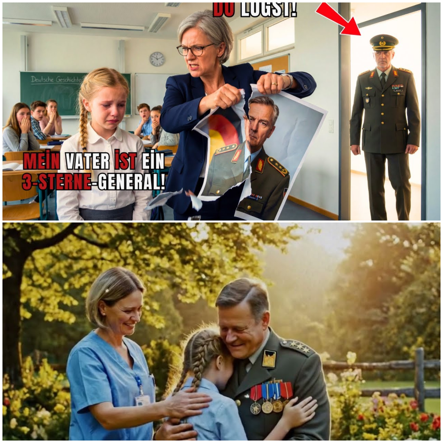 Lehrerin zerreißt Plakat: „Dein Vater ist kein General” – erstarrt, als er eintritt