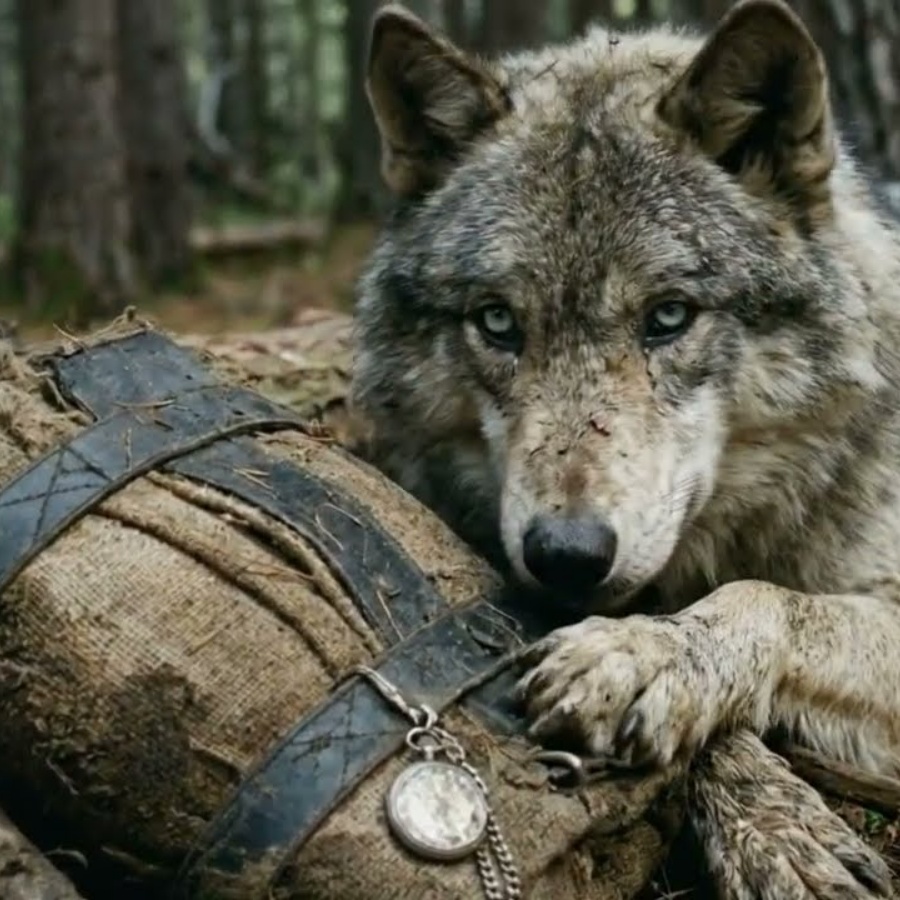Der Jäger fand im Wald eine alte Tasche neben einem Wolf. Als er hineinblickte, fiel der Alte auf di
