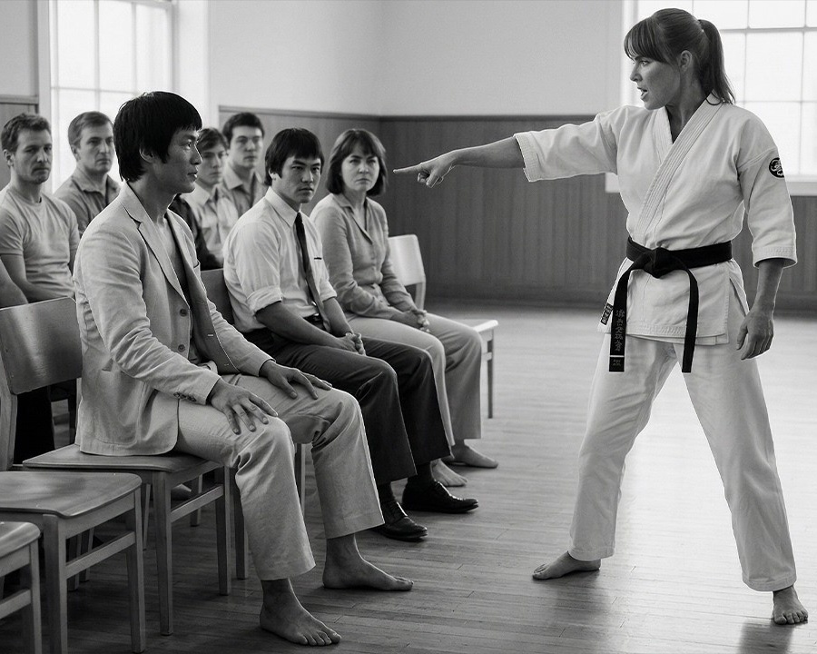 Sie hat sich den falschen Gegner ausgesucht… Es war Bruce Lee.  DD