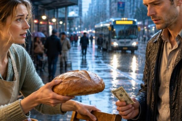 Bankrotter CEO steht mit 5 $ im Regen – eine Straßenbäckerin bietet ihm Brot und einen Stuhl